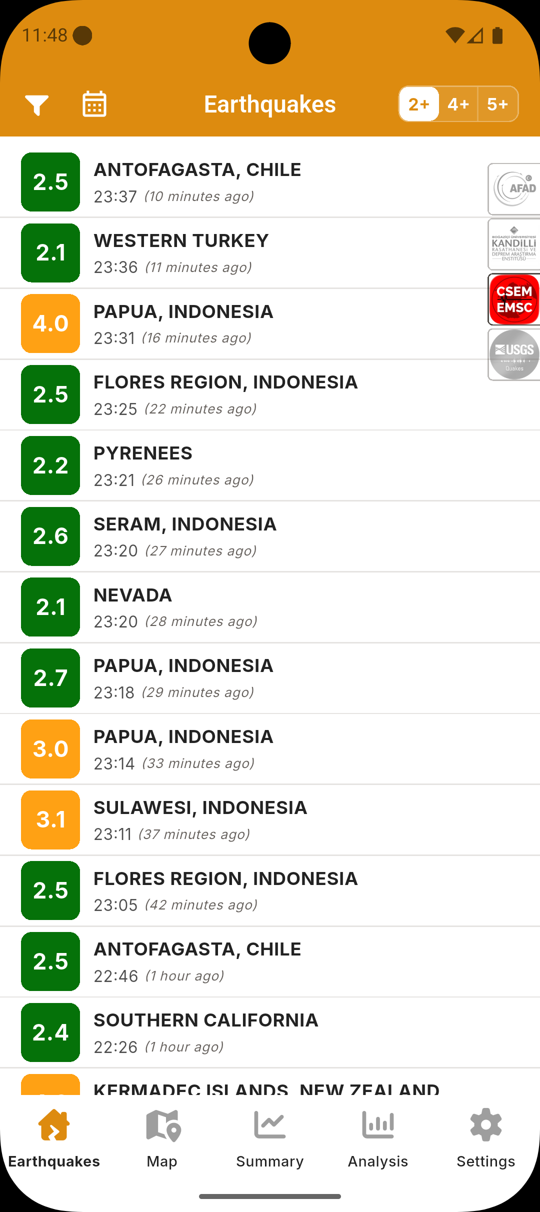Earthquake Radar earthquake list screenshot