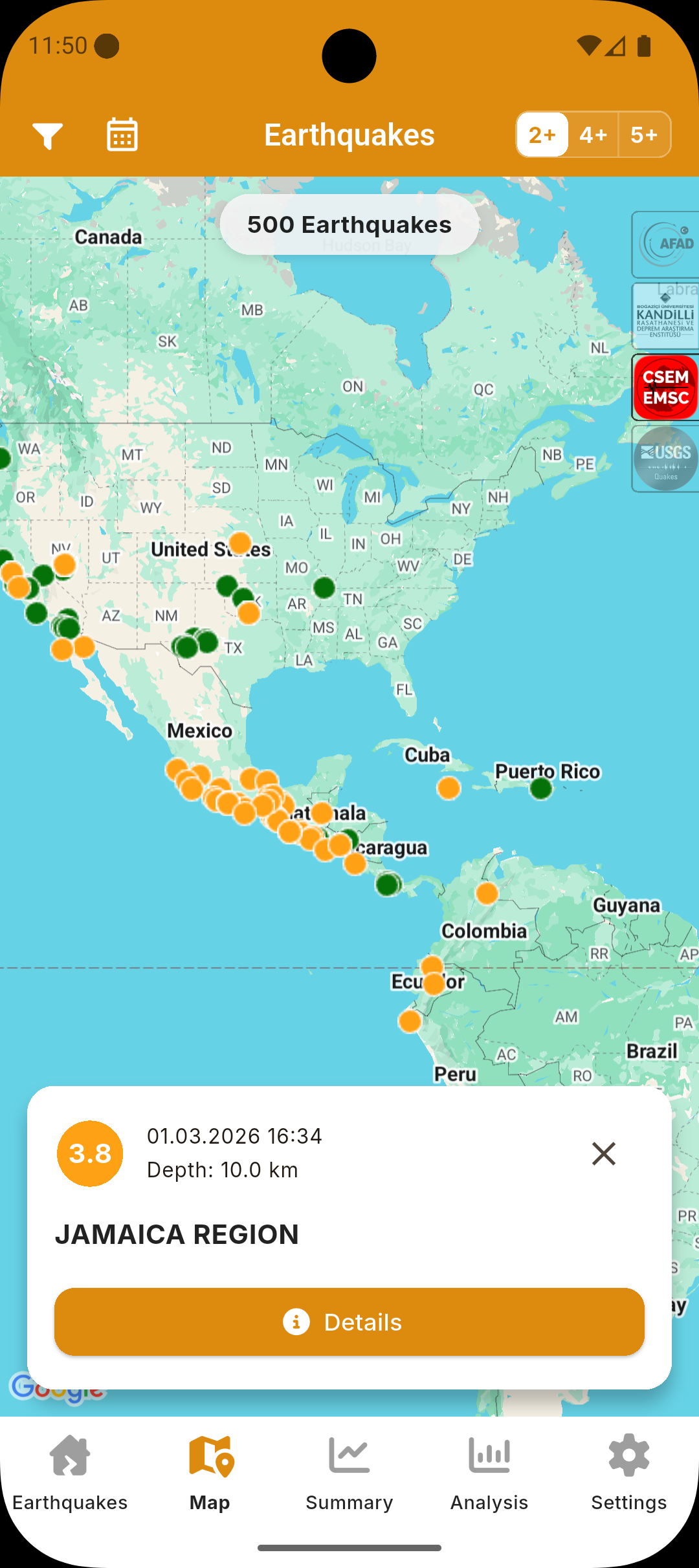 Earthquake Radar map screenshot